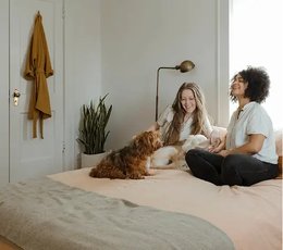 Couple with pet in their new home